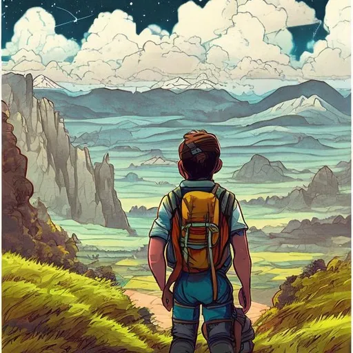 Prompt: An image of an explorer looking in the distance, in the style of an old black and white postcard. The explorer has a backpack and you can see hills and clouds in the distance.