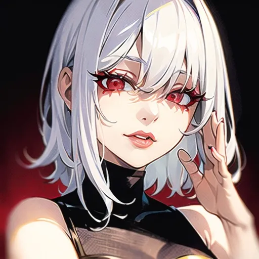 Prompt: (masterpiece, illustration, best quality:1.2), short messy white hair, devilish red eyes, wearing red silky nightgown, best quality face, best quality, best quality skin, best quality eyes, best quality lips, ultra-detailed eyes, ultra-detailed hair, ultra-detailed, illustration, colorful, soft glow, 1 girl