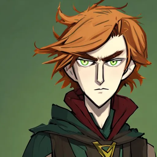 Prompt: a tall and lanky figure with wild red-ish blonde hair, green eyes, a dark cloak, and a bit of a round head. in the style of Marvel. More of an animated look, and a mark under right eye