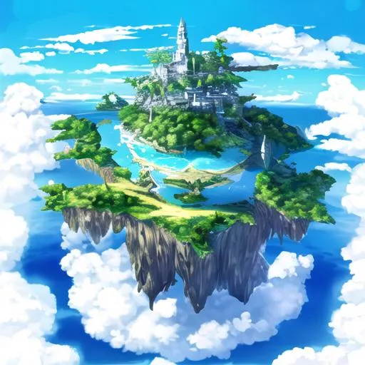 Prompt: a island in the sky in sown clouds sunny day 