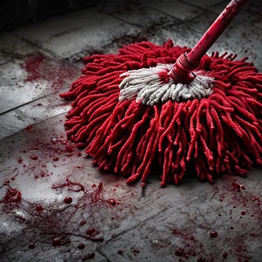 Prompt: Bloody mop, mopping up spilled blood, whole mop in photo, long red bristles, mop head has face,  brains and viscera on floor