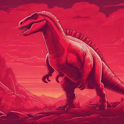 Prompt: Iguanodon, crimson red with neon red lightning markings, luminescent, red lightning in the sky, Eldritch Blast, masterpiece, best quality, in flat design art style