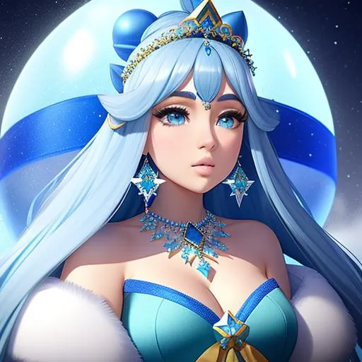 Prompt: Pokimane, Heavy snow, Giant Blue Orb in Sky, Long Straight Blue hair, Ice crystal tiara with Green Flowers, Thick bushy blue eyebrows, medium sized nose, plump diamond shape face,  Blue lips, ethereal blue eyes, Triangle Star earrings, soft ears, Large blue plastic chain around neck, Blue heart necklaces, Purple candy shaped rings, Large blue fur coat with armor underneath. Scaley gloves. Long Blue Skirt with moons.