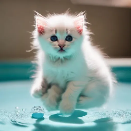 Prompt: White kitten sitting on bubbles

