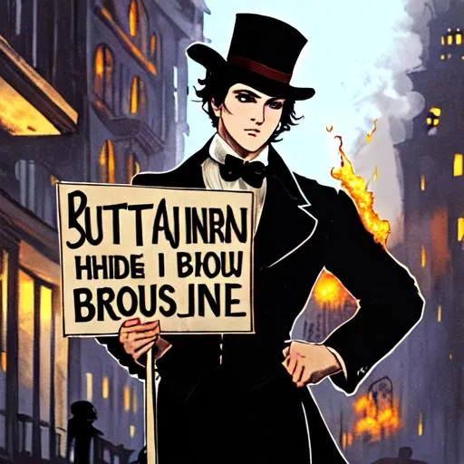 Prompt: The Phantom of the Opera holding a sign that says "I burnt down your house"