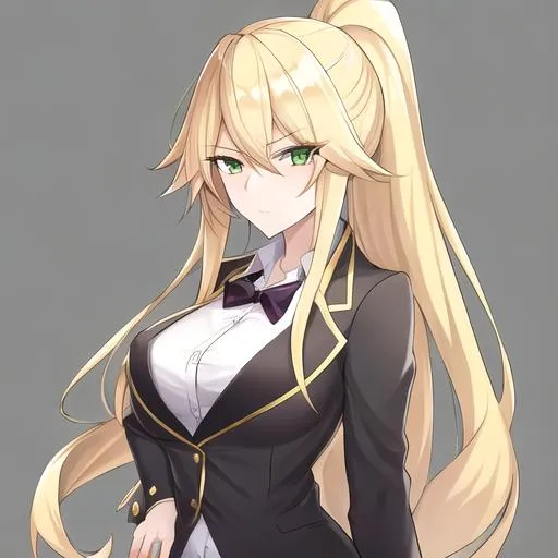Prompt: Kazumi 1female. Long Blonde hair that stops at her shoulders. Sharp and lively green eyes. Wearing a  sleek and stylish ensemble, with a tailored blazer, crisp button-up shirt, and fashionable trousers. 