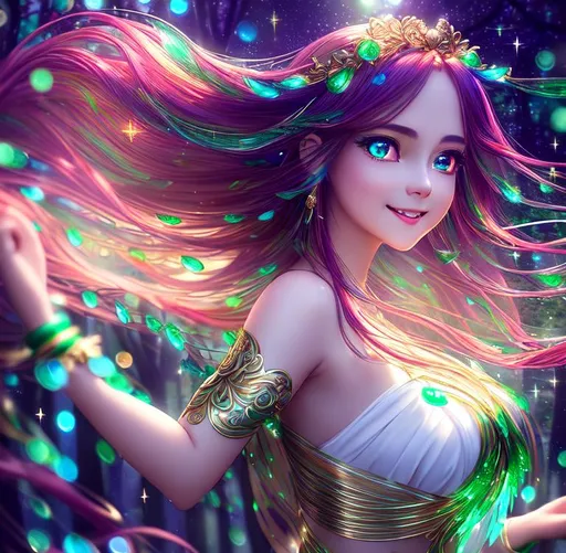 Prompt: Happy, Joyful, Affectionate, 3D HD Beautiful [{one}{Goddess}Female wearing {liquid}silk (green red gold silver blue), cute and adorable, cute big reflective eyes, long flowing hair, beautiful hands]::2, sparkle hearts, intricate detail, cinematic lighting, expansive magical forest background, hyper realistic, 8K --s98500