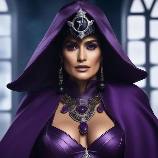 Prompt: Selma Hayek as a genestealer cult leader, Skimpy Outfit, Cleavage Window, Purple Robes, Forehead Ridges, Warhammer 40000, 