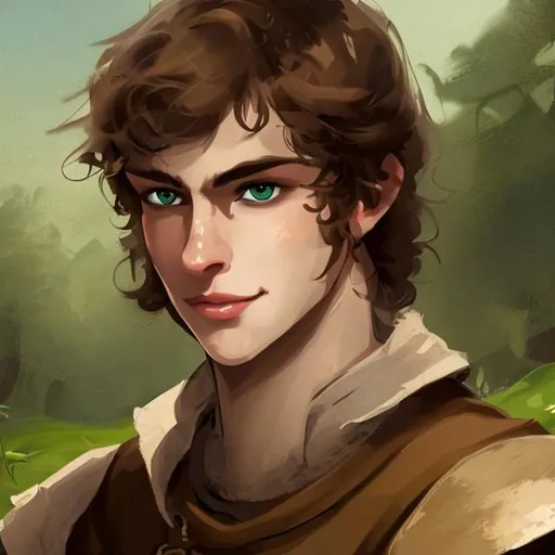 Prompt: fantasy handsome young brunette peasant, leather wrist cuffs
light brown hair
green eyes
mischievous smirk
medieval romantic painting
