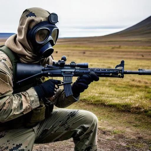 Prompt: Gas mask soldier, background Arctic, marine, alone with rifle.