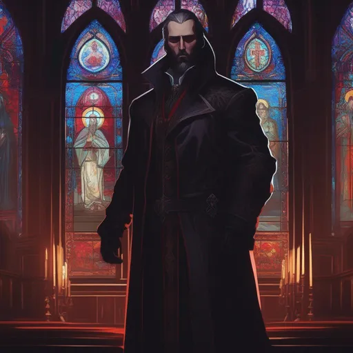 Prompt: Digital painting of a Large bestial man with religious iconography, style of Bloodborne, dark colours, surrounded by shadows in a church, stain glass windows 
((style of Ravenloft, Ilya Kuvshinov)),