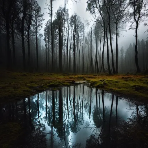 Prompt: Dark puddle in the forest with reflection of lightening storm