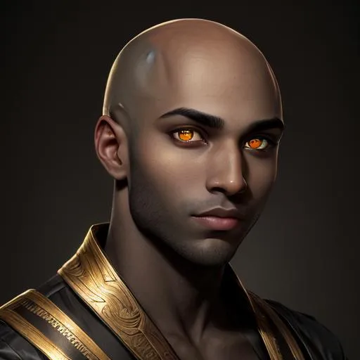 Prompt: portrait of a handsome young bald man with dark skin and bright glowing golden eyes