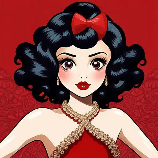 Prompt: 20's fashionable girl,black curly hair, red lips, facial closeup, Betty Boop

