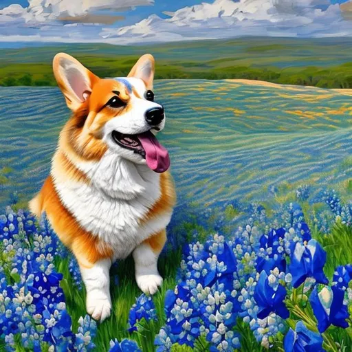 Prompt: Corgi in bluebonnets in the style of picasso's blue period. 4k UHD