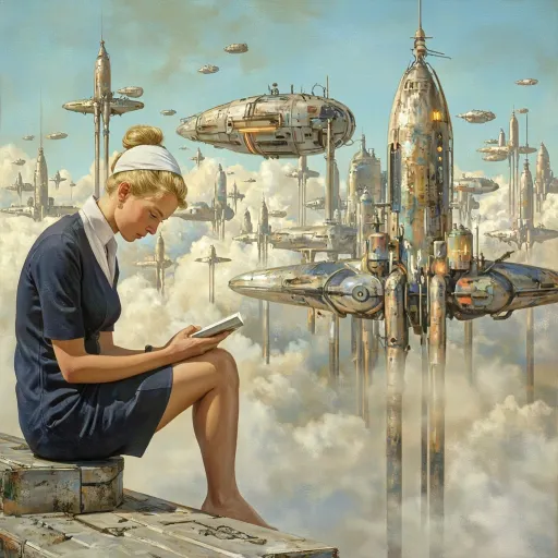 Prompt: This is a digital painting in a realistic, gritty, science fiction style with natural proportions and detailed facial features.

The central subject is a blonde woman with her hair tied in a bun, wearing a white headband and a navy blue, short-sleeved, form-fitting dress in the style of a flight attendant that ends just above her knees. She is sitting with her legs crossed, barefoot, and holding a closed book in her left hand while resting her chin on her right hand. Her expression is contemplative as she gazes downward.

The background features a futuristic, cityscape filled with numerous, metallic columns and beams that stretch up from below the clouds, supporting futuristic industrial buildings of varying sizes, futuristic oblong and oval shapes.  The buildings are colored with varying grimy metallic-industrial hues, all with intricate details such as windows, antennas, and small, lit areas creating a crowded, chaotic sky-scape.  
The buildings are each individually supported, held up above the clouds, by metallic beams and columns that stretch downward into and below the clouds. These structures are surrounded by a layer of dirty industrial-smog tinged clouds. Several small futuristic aircraft are flying in the distance. The sky is light blue, contrasting with the dirty color of the clouds adding a sense of depth and vastness to the scene.

The woman is seated to one side of the image, on a metallic ledge overlooking the cloud-city with visible structural beams and a slight texture, indicating it might be part of a larger aircraft or platform. The overall color palette is dominated by industrial metallic tones and palette offset by the contrasting cool blue of the sky, creating a serene yet futuristic atmosphere. The attention to detail and realistic rendering give the painting a sense of realism within a fantastical setting.