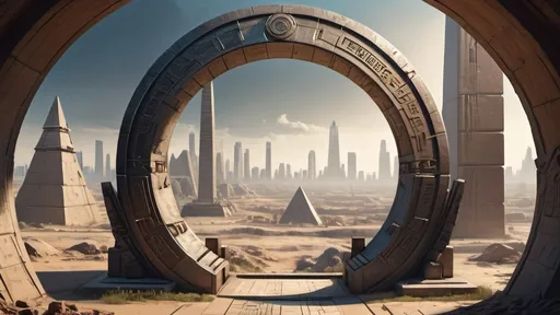 Prompt: small circular portal, gateway between cities realms worlds kingdoms, ring standing on edge, freestanding ring, hieroglyphs on ring, complete ring, obelisks, pyramids, city plaza, panoramic view, cyberpunk dystopian setting
