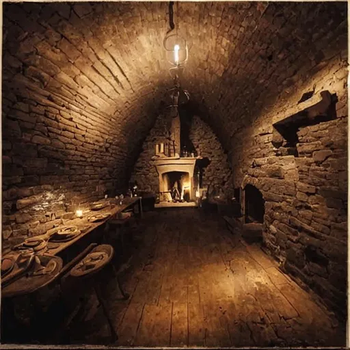 Prompt: a 14th century tavern interior, dark and mysterious, lit only by a small fireplace