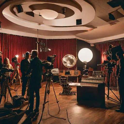 Prompt: a photograph taken from behind the scenes of a professional cover shoot with a beautiful female. A large moon landing drama production set surrounded by production crew members. cinematic, dramatic lighting, dutch angle, rich mid century modern color palette.