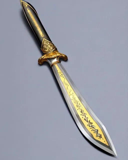 Prompt: gold-plated dagger with silver inlay and what looks to be a steel edge over laid with a thin layer of iron, it also has a small, oval light blue sapphire on each side of the hilt.  The blade itself has two serrated points making the blade angle up slightly as it goes to the point