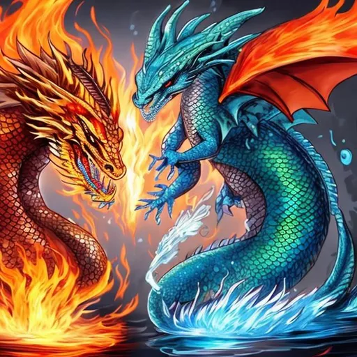 Prompt: water dragon vs fire dragon