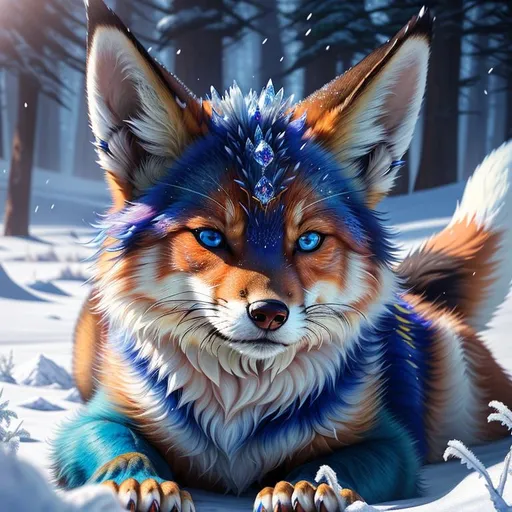 Prompt: (masterpiece, professional oil painting, epic digital art, best quality, highly detailed, UHD:1.5), insanely beautiful vixen ((fox)), (canine quadruped), female, adolescent, ice elemental, deep blue fur covered in frost, bashful hypnotic sapphire blue eyes, 8k eyes, growling, sprawled on frosted field, extremely beautiful, gorgeous silver mane covered in frost, (plump:2), by Anne Stokes, by Yuino Chiri, detailed detailed scowling face, finely detailed fur, hyper detailed fur, (soft silky insanely detailed fur), moonlight beaming through clouds, grassy field covered in frost, fluffy fox ears, cool colors, beaming sun, professional, symmetric, golden ratio, unreal engine, depth, volumetric lighting, rich oil medium, (brilliant auroras), (ice storm), full body focus, beautifully detailed background, cinematic, 64K, UHD, intricate detail, high quality, high detail, masterpiece, intricate facial detail, high quality, detailed face, intricate quality, intricate eye detail, highly detailed, high resolution scan, intricate detailed, highly detailed face, very detailed, high resolution