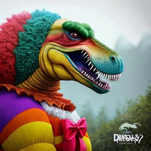 Prompt: dinosaurs wearing clown make-up and wigs, ultra realistic, hyper detailed, cinematic, intricate, (masterpiece), (ooh really good),