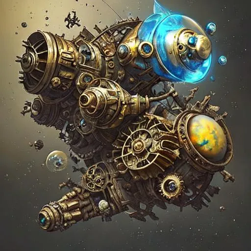Prompt: small, steampunk space charriot, fantasy based, a lot of gears, springs, wheels, details made, colors rusty, brass, gold, blue, worn out, big gravity wheels, space Chariot, very worn out, big glass windows and glass bubbles, massive thrusters, intricate details, flying in space, aggressive design, octane render, vivid colours, backround planets, stars, unreal engine 5, SLR, ray tracing, 8k UktraHD, octane render