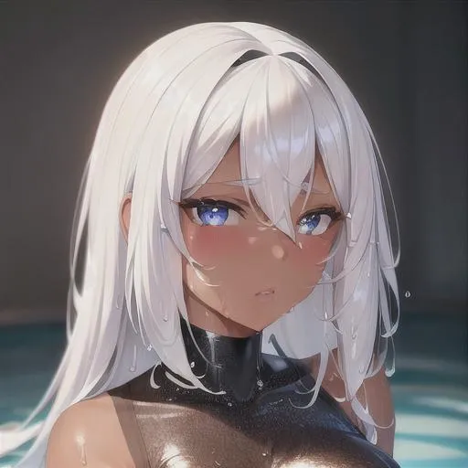Prompt: Beautiful portrait of girl, perfect body, cute, face, wet, highly detailed, hd, 4k, 8k, black skin, short white hair, mad face 