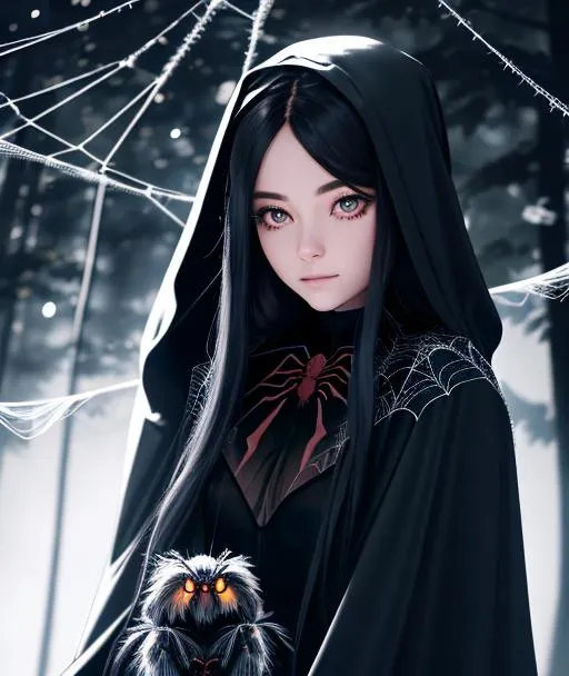 Prompt: llustrate a half-girl, half-spider creature with long hair sitting on a web in a dark forest. She holds a small spider and wears a cloak made of spiderwebs. Use a dark color palette and add a full moon in the background, 16k, UHD, HDR10, 16K, ((Masterpiece)) Absurdres, Photorealistic  face