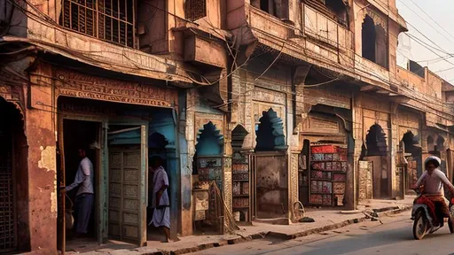 Prompt: A fantasycore photograph of a convenience store with photograph of Old Lahore on the street houses with wooden balconies rich culture Badshahi Mosque at distant 