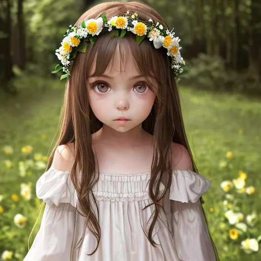 Prompt: Girl, Child, Long brown hair,  white skin, brown eyes, flower crown, white dress 