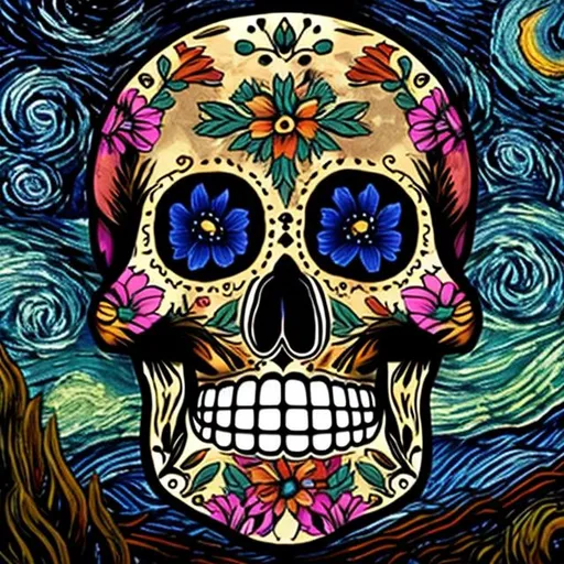 Prompt: The calavera but in starry nights art style

