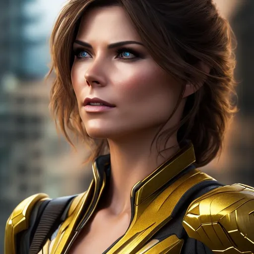 Prompt: High resolution hyperrealistic dynamic image of hope-van-dyne-yellowjacket merged with angel-salvadore, symmetrical detailed photorealistic face, highly detailed, cinematic, uhd, hdr, 64k