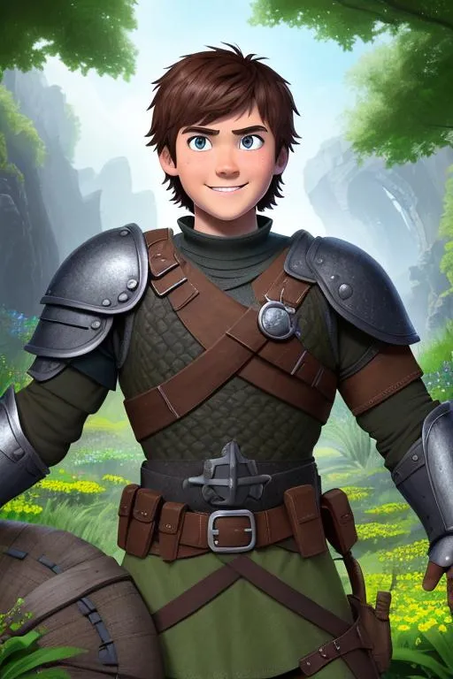 Prompt: Digital art, ((bright colors)) (((DreamShaper Version 1))), Berk of How to Train Your Dragon, a 21-year-old viking man, subtle smile, round head, round face, short dark brown hair, brown hair, muscular, vibrant village, lots of sunlight, green gear, silver armor, light green eyes, Tidal Class seal on chest armor, unreal engine 8k octane