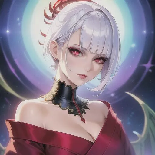 Prompt: (masterpiece, illustration, best quality:1.2), pixie cut hairstyle, white hair, devilish red eyes, Japanese style nightgown, best quality face, best quality, best quality skin, best quality eyes, best quality lips, ultra-detailed eyes, ultra-detailed hair, ultra-detailed, illustration, colorful, soft glow, 1 girl