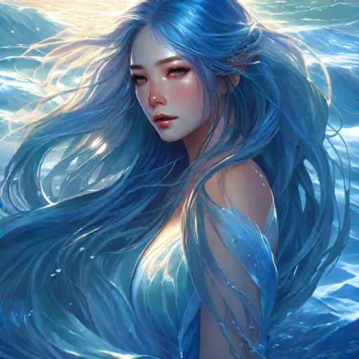 Prompt: Portrait of a {naiad}, skin that looks like it's made of water, blue skin,  blue face, fantasy, lady made of water, hair looks like a river, long intense lighting, detailed face, long flowing hair like a river, by makoto shinkai, stanley artgerm lau, wlop, rossdraws, concept art, digital painting, looking into camera, dungeon and dragons