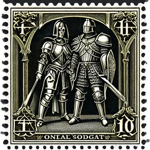 Prompt: hyperrealistic beautiful gothic style postage stamp depicting a realistic pallos and a realistic knight's armor