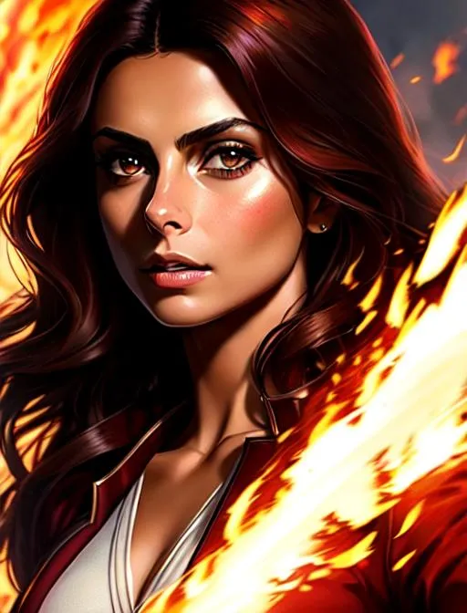 Prompt:  Morena Baccarin as Hermione Granger in a scene from HarryPotter, casting fire magic, brown eyes, battlefield, ethereal, red hair, royal vibe, highly detailed, digital painting, Trending on artstation , HD quality, tan skin,artgerm,  by Ilya Kuvshinov 