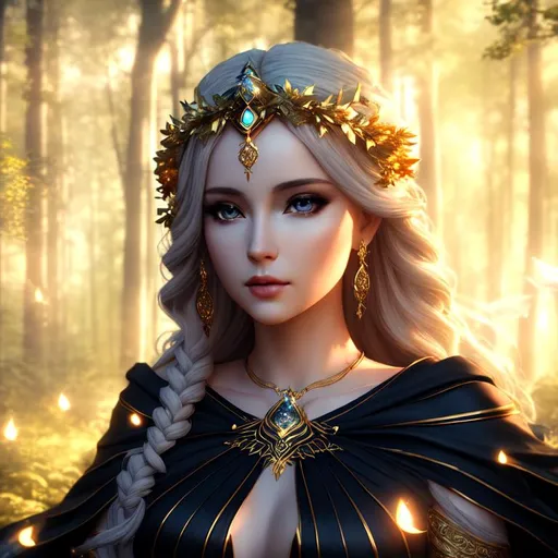 Prompt: 3D HD dramatic cinematic lighting [({one}{(Beautiful benevolent {goddess}female liquid ivory}, expansive magical forest background, hyper realistic, 8K --s98500