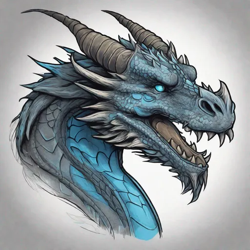 Prompt: Concept design of a dragon. Dragon head portrait. Coloring in the dragon is predominantly dark gray with sky blue streaks and details present.