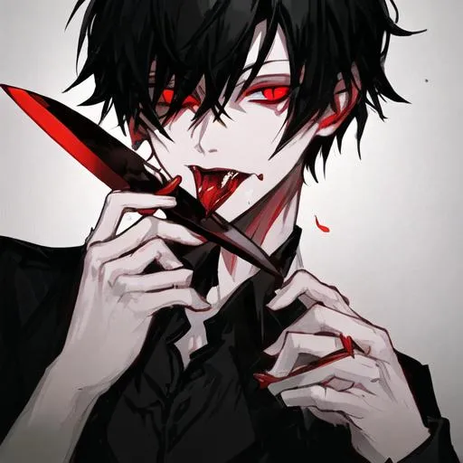 Prompt: Damien  (male, short black hair, red eyes) holding a knife up to his mouth! licking the edge of the knife! giving off a sadistic aura
