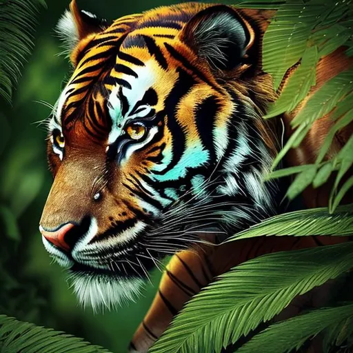 Prompt: A captivating image showcasing a close-up view of a majestic tiger's eye, vividly portraying the intricate details of its iris and the intensity of its gaze. The eye is surrounded by lush green foliage, hinting at the wild and natural habitat of the tiger. Sunlight filters through the leaves, creating dappled patterns of light and shadows on its furrowed brow. The reflection of a serene jungle landscape is subtly visible in the tiger's eye, emphasizing the vital connection between this apex predator and its environment. This image encapsulates the profound role of the eye in wildlife conservation, illustrating how the gaze of these magnificent creatures reflects the delicate balance of nature and the urgent need for preservation.