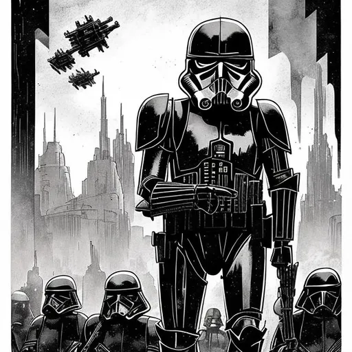 Prompt: Make a sketched phonk style art of a  Star Wars death trooper  marching with other troopers in a base on Endor use the web for reference minus the phonk part but then make it into a phonk sketched style. Add more imperial base background with the angle of the perspective of the side kinda like the perspective of a platformer but please add a good Star Wars imperial base Background
