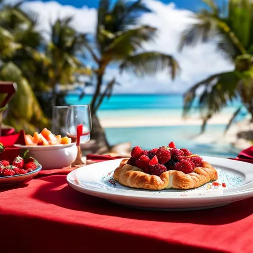 Prompt: "Generate an image of a scene at a tropical beachside setting, where the table showcases a relaxed beach paradise vibe. Place a plate of delicious meat pastries as the main dish, emphasizing their mouthwatering appearance. For dessert, include a tempting coconut pudding with a drizzling of red berry sauce, making it the focal point of the scene. Additionally, feature a glass of exceptionally refreshing and sparkling green grape juice with plenty of ice cubes. The emphasis should be on the appetizing food and drinks, while the table should exude the laid-back ambiance of a beach paradise."" ultra hd, realistic, vivid colors, highly detailed, UHD drawing, pen and ink, perfect composition, beautiful detailed intricate insanely detailed octane render trending on artstation, 8k artistic photography, photorealistic concept art, soft natural volumetric cinematic perfect light"

