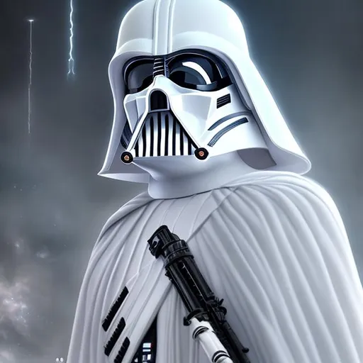 Prompt: white darth vader in white uniform wearing white, photorealism, hyper detailed texturing, high resolution, best quality, UHD, HDR, 8K