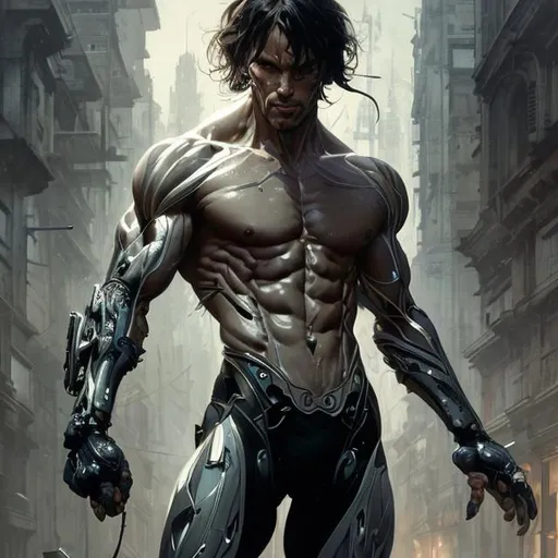 Prompt: cyborg muscular handsome man as aeon flux YouTube thumbnail by greg rutkowski, long bangs, going gray, dynamic pose, intricate, futuristic, fantasy, elegant, by stanley artgerm lau, greg rutkowski, thomas kindkade, alphonse mucha, loish, norman rockwell,