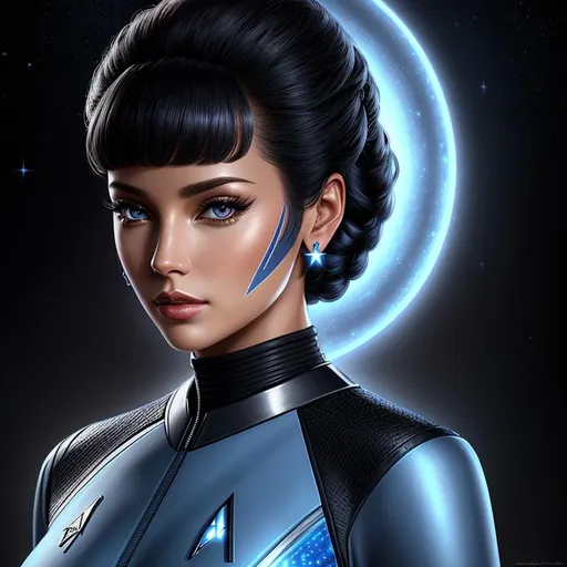 Prompt: anthropomorphized "Star Trek", wearing an outfit inspired by "Star Trek", she is making eye contact, full body, detailed symmetrical face, detailed real skin textures, highly detailed, digital painting , HD quality, 