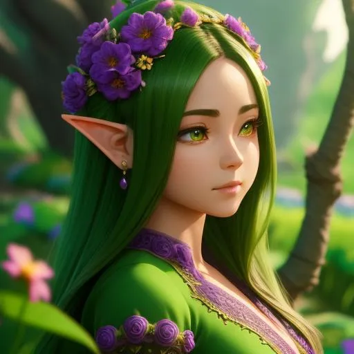 Prompt: {{{digital painting, highly-detailed symmetric perfectly female body cinematic, flowery enviroment, purple flowers in the background, spotlight,perfect composition, hyperrealistic, super detailed, 8k, high quality, sharp focus,intricate details, highly detailed, dynamic lighting, detailed and intricate environment,}}} {goblin, gnome, yordle, short, purple skin, cute}