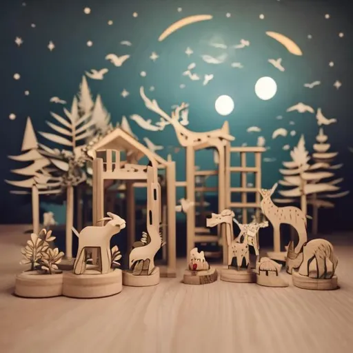Prompt: Tiny wooden zoo at night, the moon, animals 